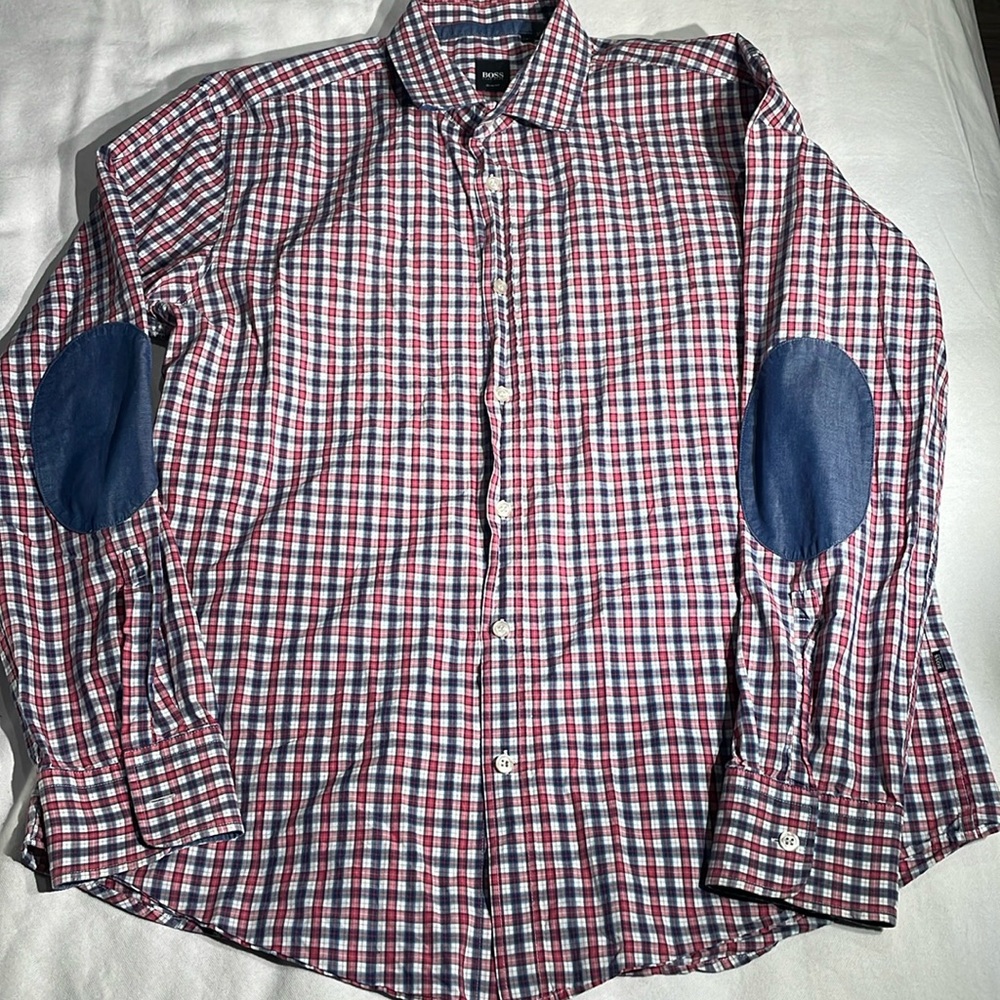 Boss Black Red White and Blue Plaid Button-Down Shirt with Blue Elbow Patches